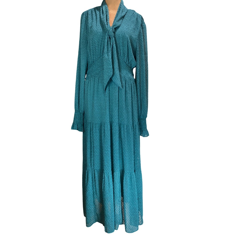 Ryegrass‎ Teal Blue Clip Dot Tie Neck Smocked Waist Tiered Midi Dress Womens M